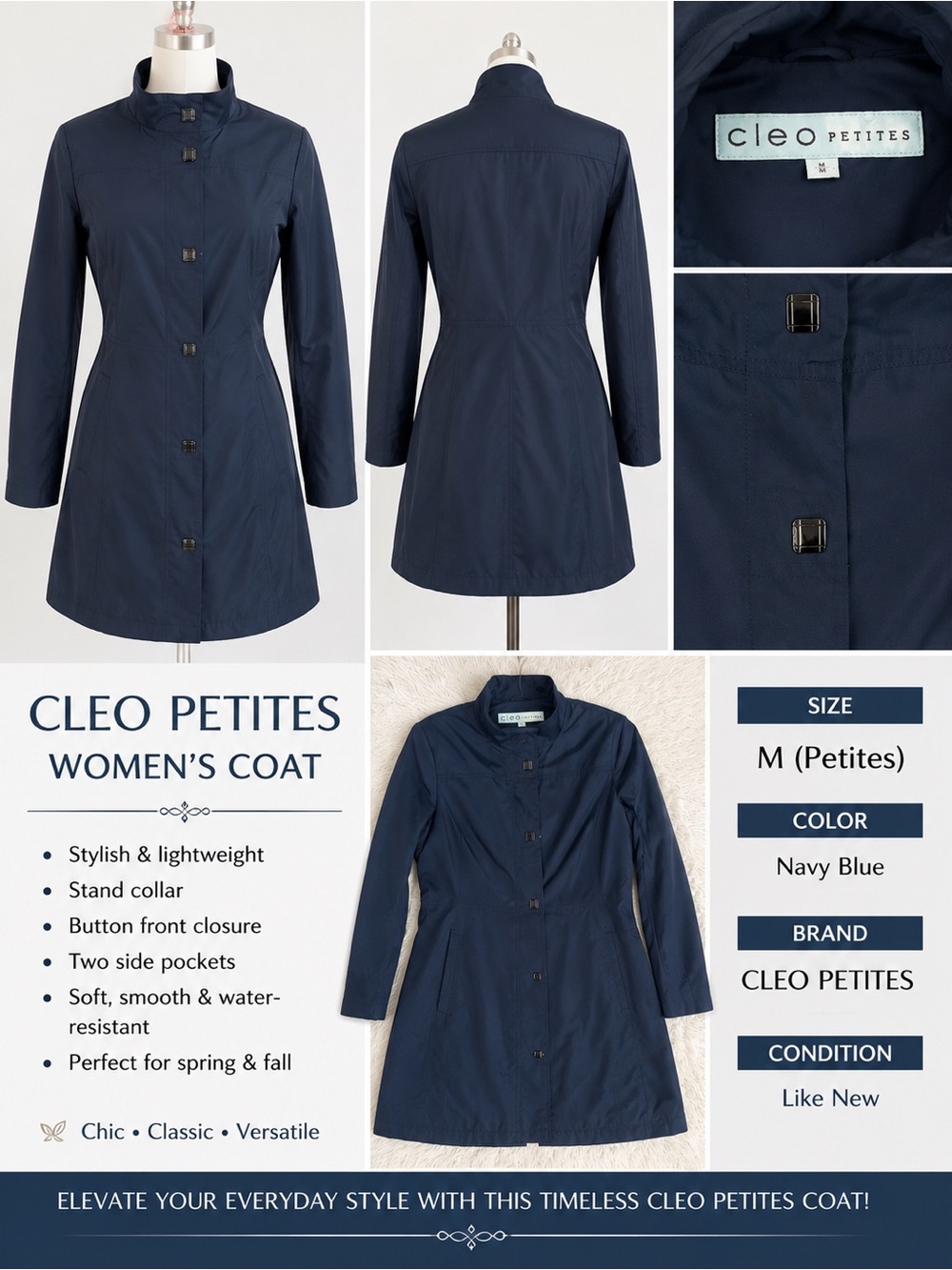 Navy Blue Women's Lightweight Stand-Collar Coat